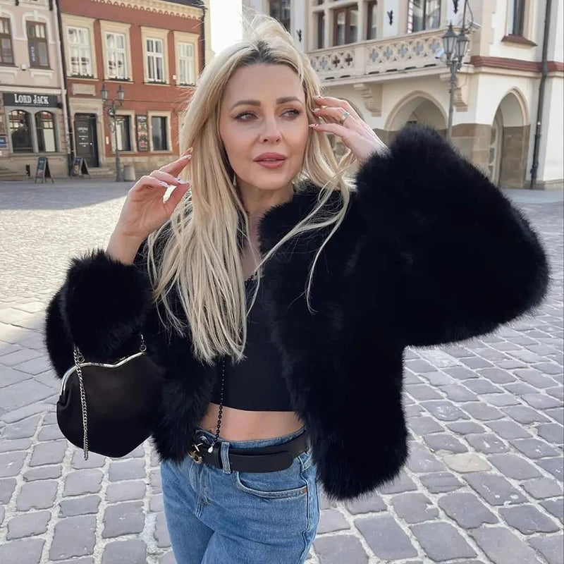 Chic Street Blogger Fashion Girls Winter Trendy Faux Raccoon Fox Fur Coat Jacket Women Thick Warm Cropped Fluffy Overcoats