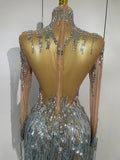 Sparkly Rhinestone Golden Sequins Tassel Sexy Transparent Dress Women Evening Birthday Party Nightclub Dance Singer Stage Outfit