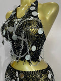 Sexy Evening Party Nightclub Performance Costume Women Birthday Mesh See-Through Pin Decoration Chain Short Dress Two-Piece Set