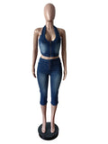 Denim 2 Piece Set Women Summer Halter Wrap Chest Backless Zip Halter Tops+Shorts Matching Hipster Vintage Streetwear