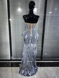 Women Sexy Strapless Sparkly Diamonds Mesh See Through Maxi Long Dress Luxury Birthday Evening Party Nightclub Bar Stage Costume