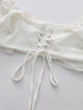 French Vintage White Ruffled Crop Top for Women Lace Trim Puff Sleeves Back Tie Design Blouse for Romantic Dates