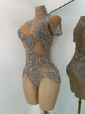Sparkly Rhinestonnes Mesh Transparent Bodysuit Sexy Women Performance Nightclub Stage Outfit Luxury Festival Costume