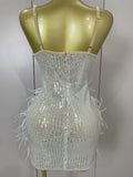 Luxury Sparkling Diamond Feather Sexy V-Neck Sequined Halter Mini Dress 2026 New Women Celebrate Birthday Party Cocktail Dreses