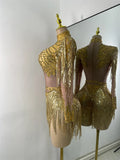 Women Sexy Long Sleeve Spandex Beading Tassels Skiny Bodysuit Performance Dance Costume Nightclub Party Outfit