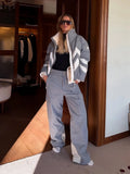 Women Color Block Spliced Ski Set Fleece Lined Stand Collar Zip Jacket Multi‑Pocket Wide Leg Trousers 2026 Winter Fashion Outfit