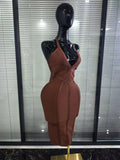 Brown Black Women Sexy Halter V-Neck Bodycon Midi Bandage Dress Bar Singer TV Show Performance Costumes Birthday Clothing
