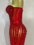 Luxury Sparkly Red Diamond Sexy Strapless Mesh See Through Long Dress Evening Party Birthday Nightclub PhotoShoot Stage Costumes