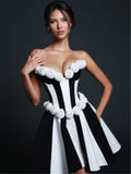 Women's Spring 3D White Rose Black White Striped Tube Top Skirt Fashion Elegant Dinner Party Bandage Performance Gown Robe Femme