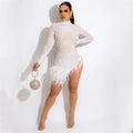 Sexy Pearls Rhinestone Party Dresses Women Elegant Nightclub Feather Birthday Dress Long Sleeve Mesh Sheer Bodycon Dress