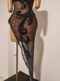 Sparkly Diamond Sexy Black Mesh Asymmetric Bodycon Mini Dress Women Nightclub Bar Party Show Gogo Dancer Clothing Stage Costume