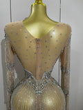 Full Sparkly Rhinestone Chain Sexy Mesh See Through Bodysuit Women Luxury Birthday Party Performance Dance Nightclub Stage Wear