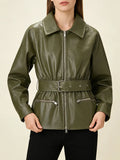 Simpel Basics Patchwork Belt Leather Jacekt for Women Lapel Long Sleeve Spliced Zippers Casual Office Coats Female