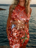 Women Orange Sequin Mini Dress Starfish Fish Applique Sheer Backless Halter Mesh Short Dress Lady Beach Party Vacation Vestidos