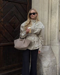 Women Oatmeal Soft Suede Stand Collar Snap Button Pocket Jackets Long Sleeve Coats Autumn Daily Office Party Chic Outerwear 2026