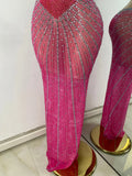 Sparkly Rhinestones Women Sexy Hollow Out High Split Elegant Bodycon Long Outfit Birthday Dress Stage Wear Performance Costume