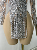 Sparkly Sequins  Gold Silver Mini Dress Women Sexy Split Nightclub Party Performance Dresses Birthday Celerbity Stage Outfit
