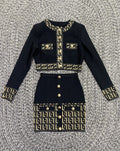 Women's Fashion Jacquard Metal Button Short Cardigan + Hot Mini Skirt Two Piece Set Business Casual Office Lady Outfit Robe Fête