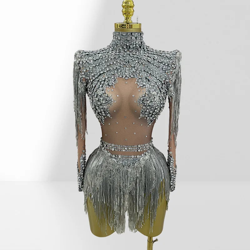 Luxury Hot Diamond Shiny Sequined Tassel Jumpsuit Fashion Party Stage Performance Dress Birthday Outfits Vestidos Fiesta De Lujo