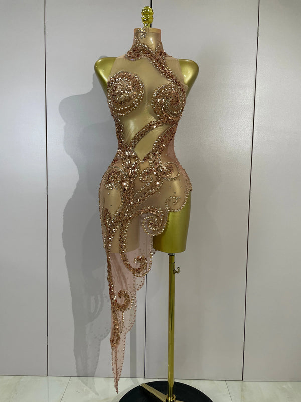 Luxury Sparkly Diamond Sequins Asymmetric Bodycon Mini Dress Women Sexy Mesh See Through Bar Nightclub Party Show Stage Costume