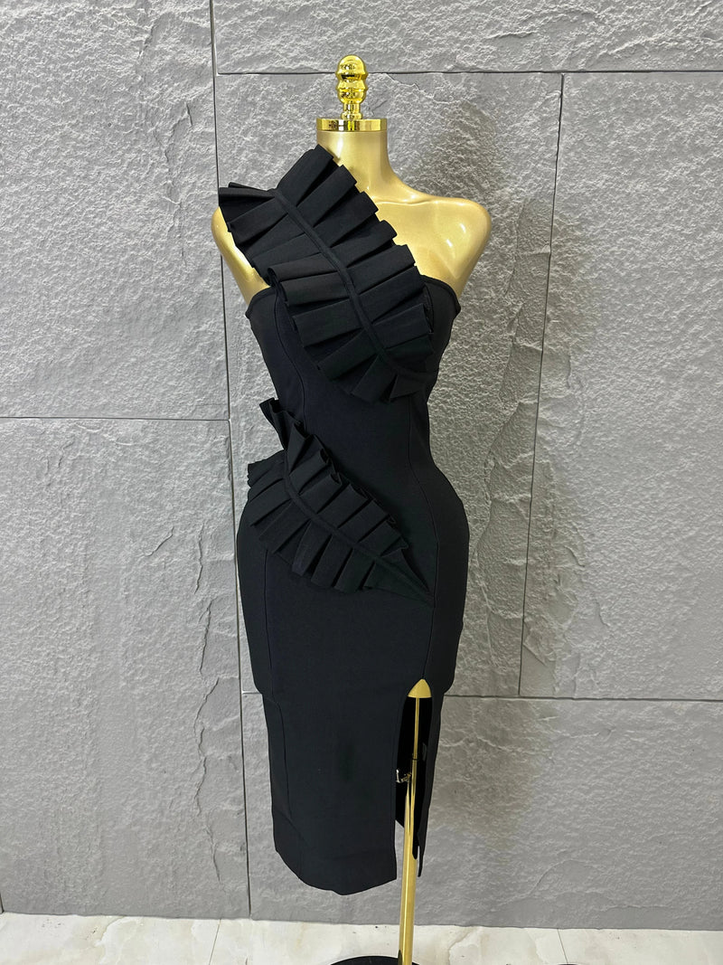 Sexy One-Shoulder Bodycon Midi Dress Women Sexy Ruffle Embellished Waist Cutout High Slit Outfit Evening Gala Party Costume