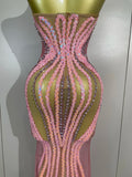 2026 Sexy Sparkly Pink Rhinetones Sequins Strapless Mesh Sheer Long Dress Birthday Evening Celebrate Party Nightclub Stage Wear