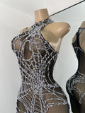 High Street Mesh Spider Web Tight Jumpsuit Performance Dance Costume Luxury Rhinestones Nightclub Bar Stage Leotard