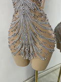 Luxury Women Sexy Sparkly Crystal Sequins Mesh See Through Openback Outfit Birthday Dress Dancer Performance Stage Costume
