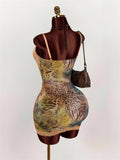 Lace Patchwork Print  Dress Women Sexy Trend Low-Neck See Through  Beach Vacation Party Clubwear Peach Hip Bodycon