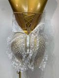 Women Sexy Strapless Pearl Ruched Bodycon Mini Dress Nightclub Birthday Evening Party Bar Singer Stage Performance Costume
