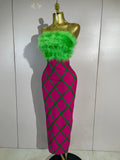 Luxury Celebrity Evening Party Birthday Dresses Women Sexy Green Feather Strapless Color Block Plaid Bodycon Midi Bandage Dress