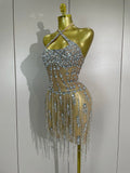 Women Luxury Crystals Diamonds Sexy Halter Mesh See Through Celebrate Birthday Gowns Evening Party Nightclub Singer Stage Wear