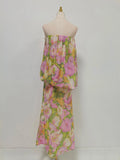 Summer Beach Floral Printing Dress for Women Strapless Sleeveless Spliced Folds Tiered Long Dresses Female Clothing
