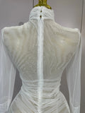 Elegant White High Collar Long Sleeve Solid Mesh Sexy See Through Ruffle Mini Dress Women Evening Club Party Birthday Dresses