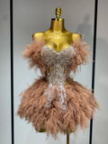 Women Sexy Strapless Mini Two Pieces Set Luxury Birthday Evening Party Dress Bar Nightclub Singer Dancer Stage Outfit