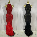 Luxury Sparkly Red Rhinestones Feather Sexy Mesh See Through Long Dress Women Birthday Evening Nightclub DJ Dancer Stage Costume