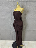 Elegant Brown Strapless Bodycon Maxi Dress Women Sexy Ruched Waist Draped Skirt Outfit Date Night Party Costume
