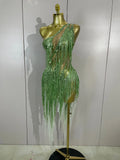 Sexy Green One Shoulder See-Through Sparkly Rhinestones Tassel Dress Women Latin Dance Outfits Bar Nightclub Party Stage Costume