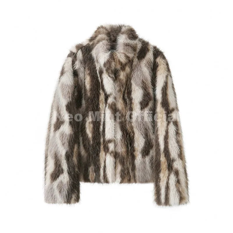 Brand Designer Zebra Strip Print Faux Fur Jacket Women Autumn Winter Stand Collar Fox Fur Coat Ins Girls Outerwear