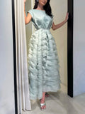 Elegant Spliced Tiered Ruffles Dress for Women O Neck Sleeveless Patchwork Lace Up Slim Formal Evening Puff Dresses Female