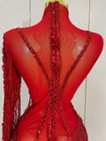 New Stage Costume Sparkly Rhinestones Tassel Sexy See-Through Dress Women One Shoulder Latin Dance Bars Nightclub Party Outfits