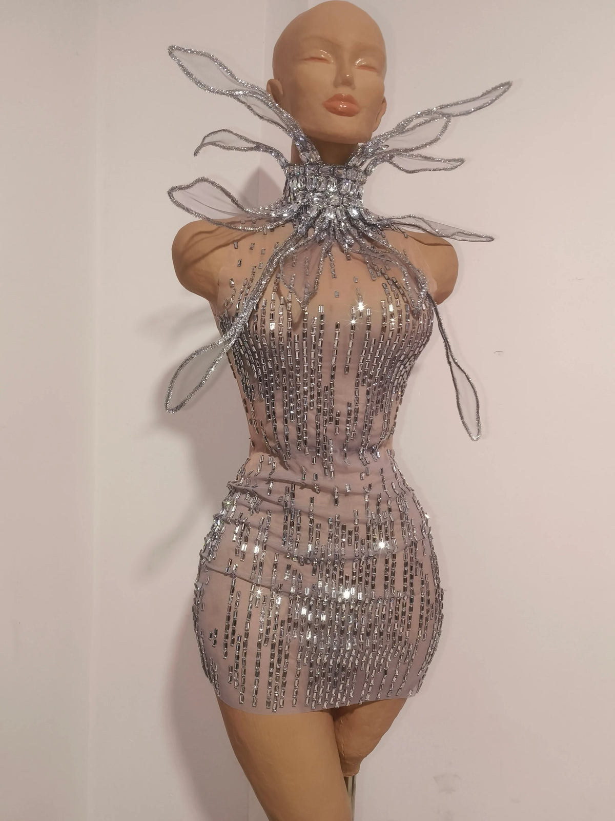 Luxury Silver Allover Rhinestone Mesh Dress Statement Choker Vertical Crystal Design Formal Events Photoshoots and Red Carpet