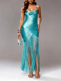 Glam Shiny Spaghetti Strap Cowl Neck Ruched Wrap Maxi Dress for Women High Split Overlay Fringe Hem Club Party Evening Wear