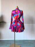 Women Tie Dye Print Flare Long Sleeve Wrap V-neck with Sashes Ruffle Dress 2026 Elegant Vacation Party Birthday Dresses