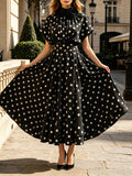 High Neck Midi Maxi Dress for Women 3D Floral Applique Cap Short Sleeve A Line Flowy Leopard Polka Dot for Casual Shopping