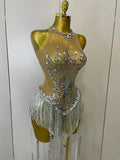 Sliver Sequins Shining Diamonds Sexy Mesh Long Tassel Bodysuit Women Nightclub Party Birthday Stage Performance Costume