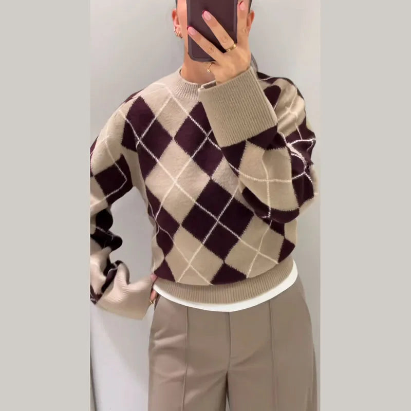 Argyle Jacquard Knit Pullover Women Khaki Crew Neck Drop Shoulder Flare Sleeve Sweater Autumn Winter Vintage Casual Fashion Top