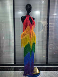 Rainbow Color Women Sexy Off the Shoulder Fringes Bodycon Long Gowns Dress Elegant Evening Party Celebrate Prom Outfit