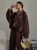 Casual Loose Coats Pants Set Women Full Sleeve Lapel Zippers Solid Coat Long Straight Pleated Pant Sets 2026 Autumn Lady Suit