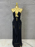 Sexy Halter Neck Maxi Dress Crystal Chain Cutout Ruched Women Sheer Mesh Form Outfit Glamorous Evening Gala Party Costume